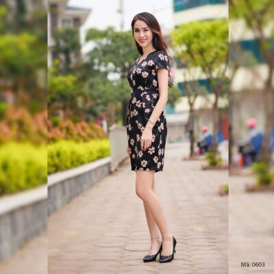 Đầm công sở cổ tim Paltex 0603 (vải lụa)