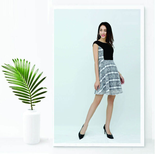 Đầm họa tiết xinh Paltex 0628 (váy dáng xòe, cổ thuyền ) - Ảnh 3