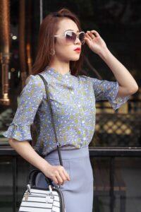 Sơ mi đẹp cho nữ Paltex PTAS22 (cổ nhỏ, tay lỡ, họa tiết nhỏ)