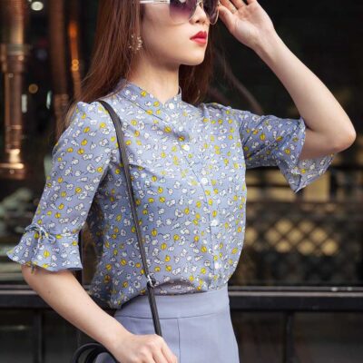 Sơ mi đẹp cho nữ Paltex PTAS22 (cổ nhỏ, tay lỡ, họa tiết nhỏ)