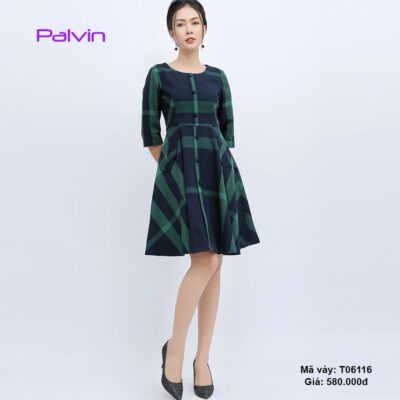 Váy liền nữ dáng xòe vải kẻ Paltex T06116