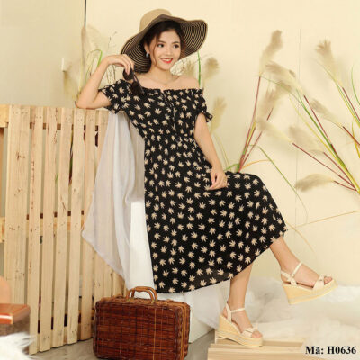 Đầm maxi trễ vai họa tiết lá Paltex Việt Nam H0636