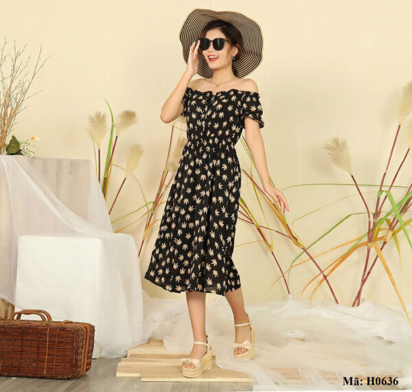 Đầm maxi trễ vai họa tiết lá Paltex Việt Nam H0636 - Ảnh 2