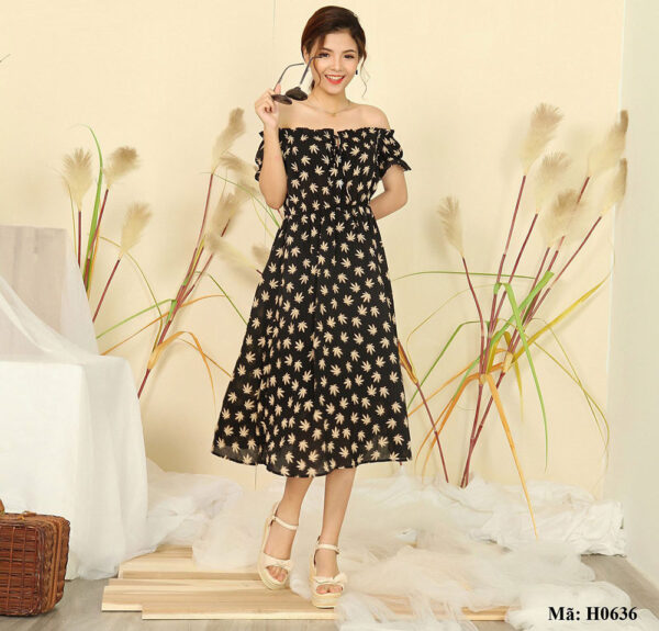 Đầm maxi trễ vai họa tiết lá Paltex Việt Nam H0636 - Ảnh 3
