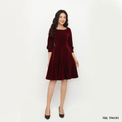 Váy nhung cao cấp Paltex T06181 (váy xòe, tay lửng)