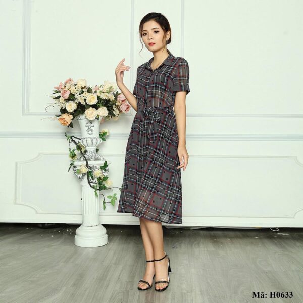 Váy sơ mi kẻ dáng dài Paltex H0633 (dáng đầm xòe) - Ảnh 2
