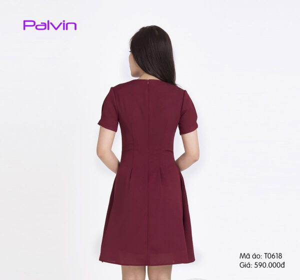 Váy xòe cổ tim buộc nơ tay ngắn Paltex T0618 - Ảnh 3