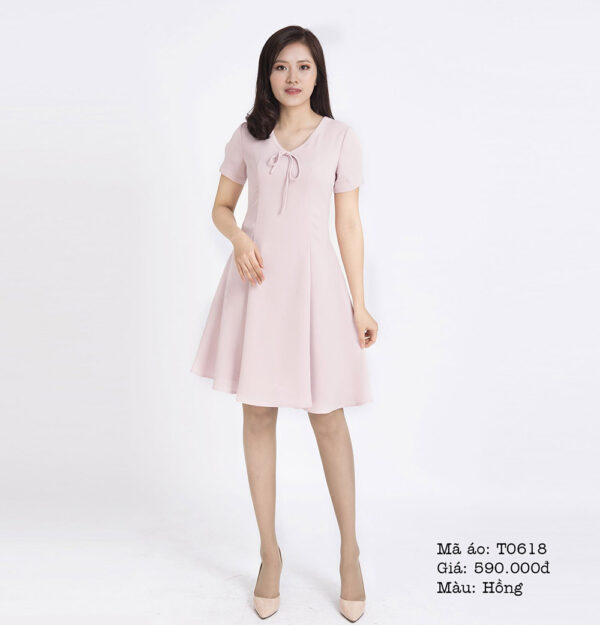 Váy xòe cổ tim buộc nơ tay ngắn Paltex T0618 - Ảnh 2